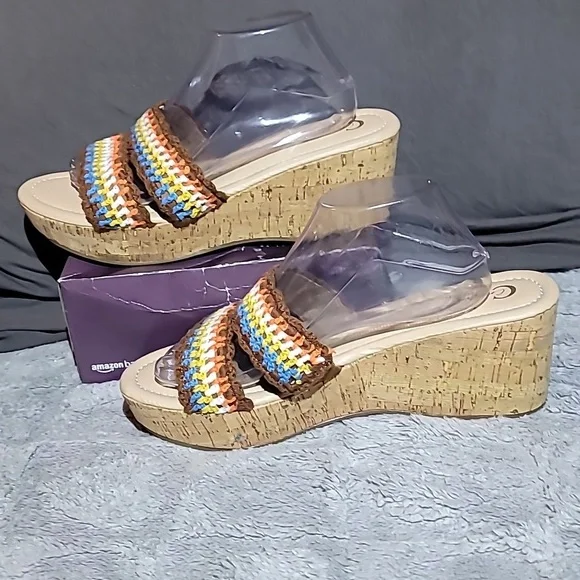 Comfort EST.1946 Crochet Cork Wedge Teal/Brown/Orange/White Cushion Sole Size 11 - Picture 2 of 10